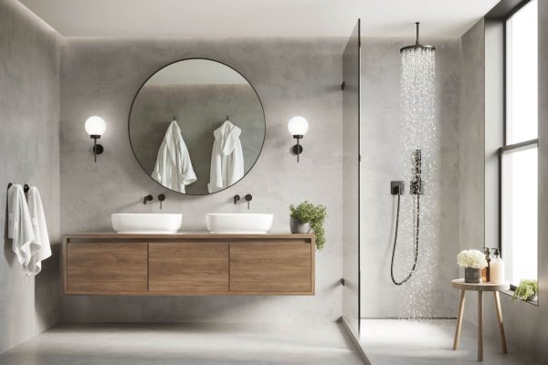 3d modern contemporary grey concrete bathroom with  round mirror